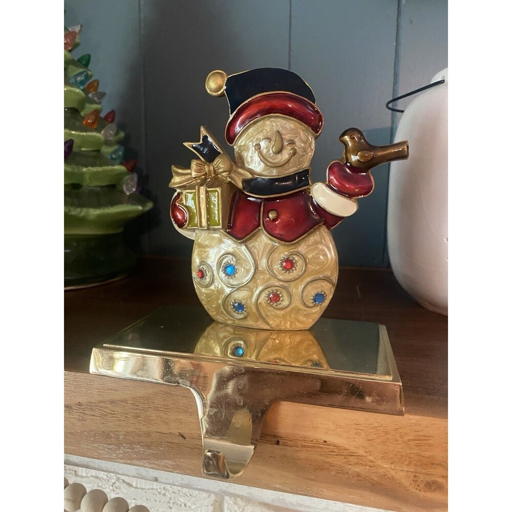 Enameled Jeweled Christmas Snowman Weighted Stocking Hanger Holder Fireplace
